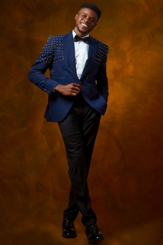 Fashion Dark Blue Shawl Lapel One Button Beaded Prom Suit | Bradymensuit