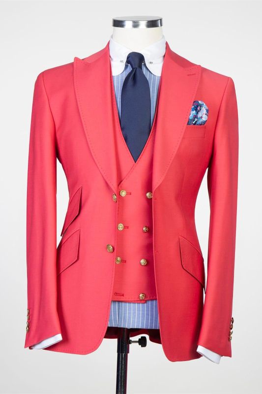 Fashion Red Three Piece Pointed Collar Men Prom Suits
