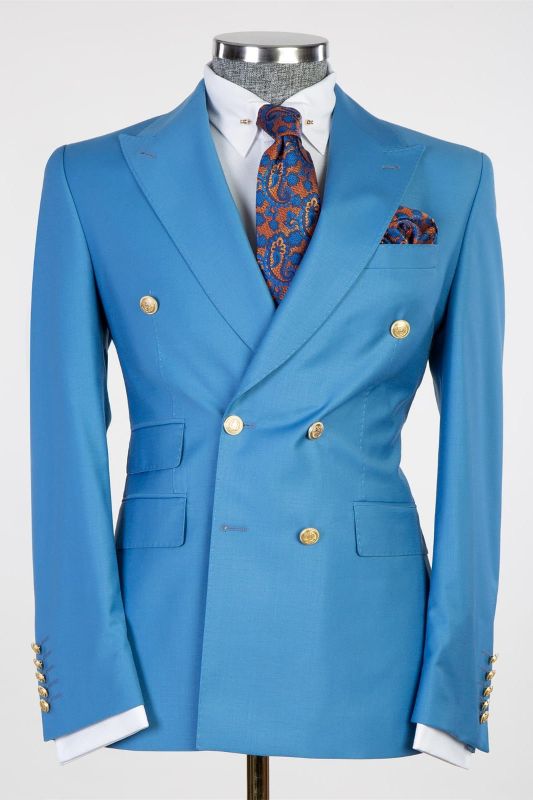 Modern Blue Double Breasted Point Collar Business Men Suit