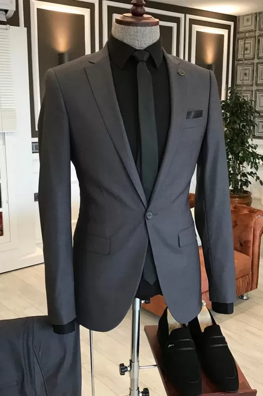 Labels Black Notched Lapel One Button Slim Suit Mens Business