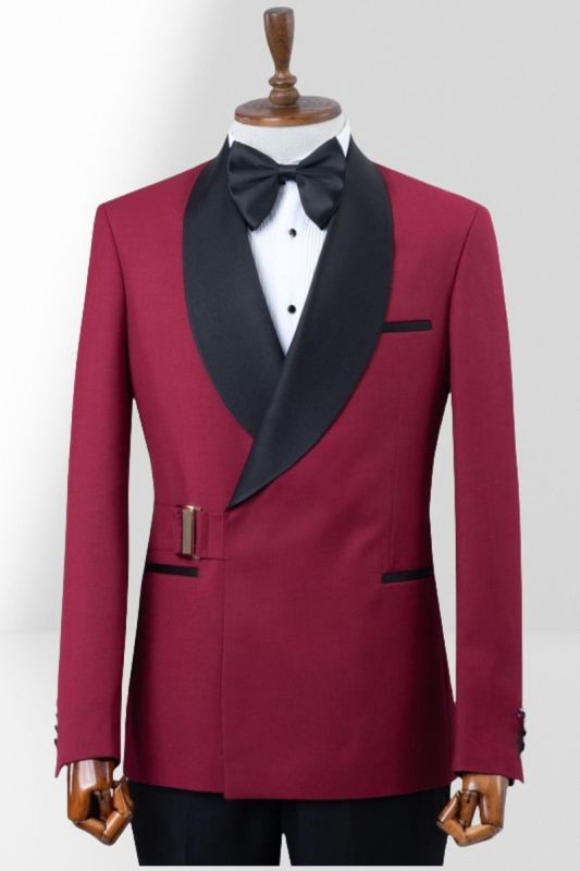 Slim Fit Burgundy Shawl Collar Two Piece Suit | With Adjustable Metal Buttons
