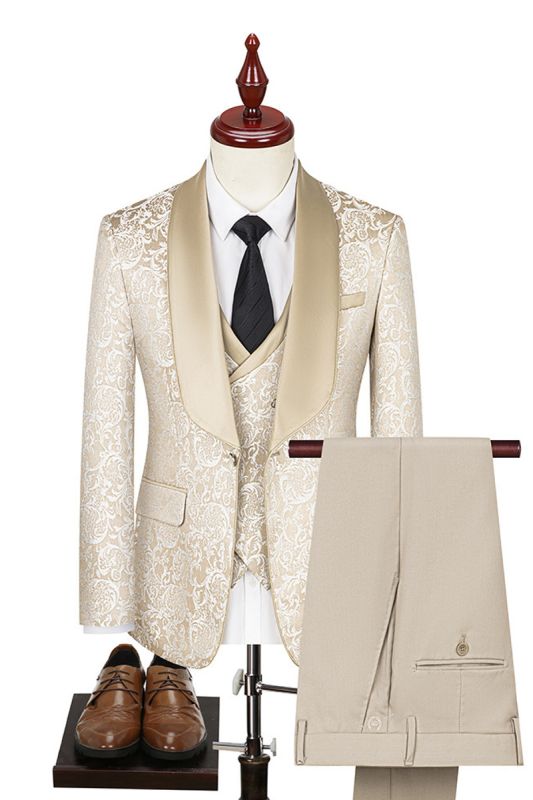 Beige Shawl Bollar Men Jacquard Three Piece Suit | Men Wedding Suits