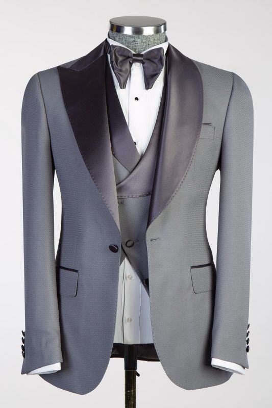 Dark Grey Three Piece Peaked Shawl Lapel Mens Formal Suit | Wedding & Prom Suits