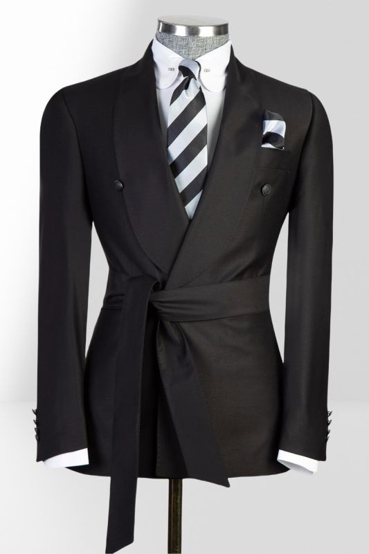 Black Slim Fit Wool Double Breasted Shawl Collar Men Two Piece Tuxedo | With Belt