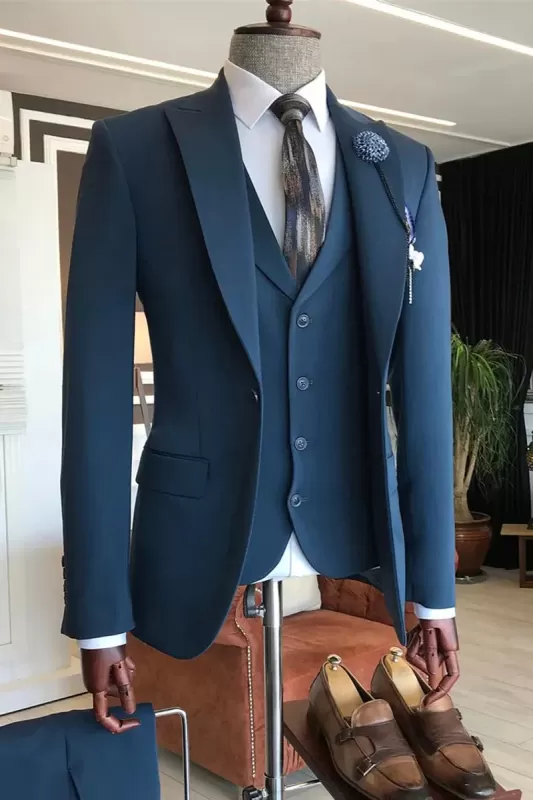 Navy Blue Lapel Collar Single Breasted Men Three Piece Suit | Flat Lapel Collar Vest