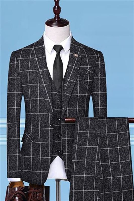 Black Plaid Business Mens Suit Online | Notch Laple Three Piece Custom Prom Suit