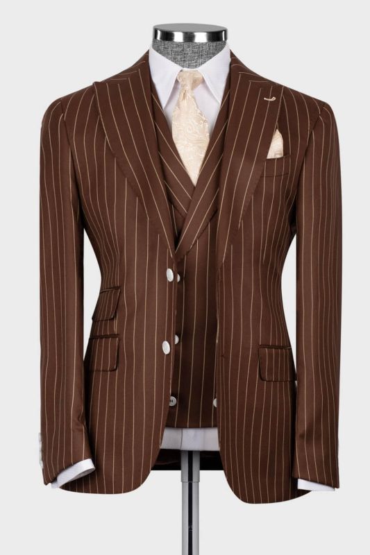 Popular Three Piece Pinstripe Chocolate Brown Business Suit with Waistcoat