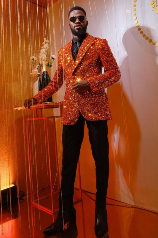 Shiny Orange Sequins Two Pieces Prom Suits With Black Pants