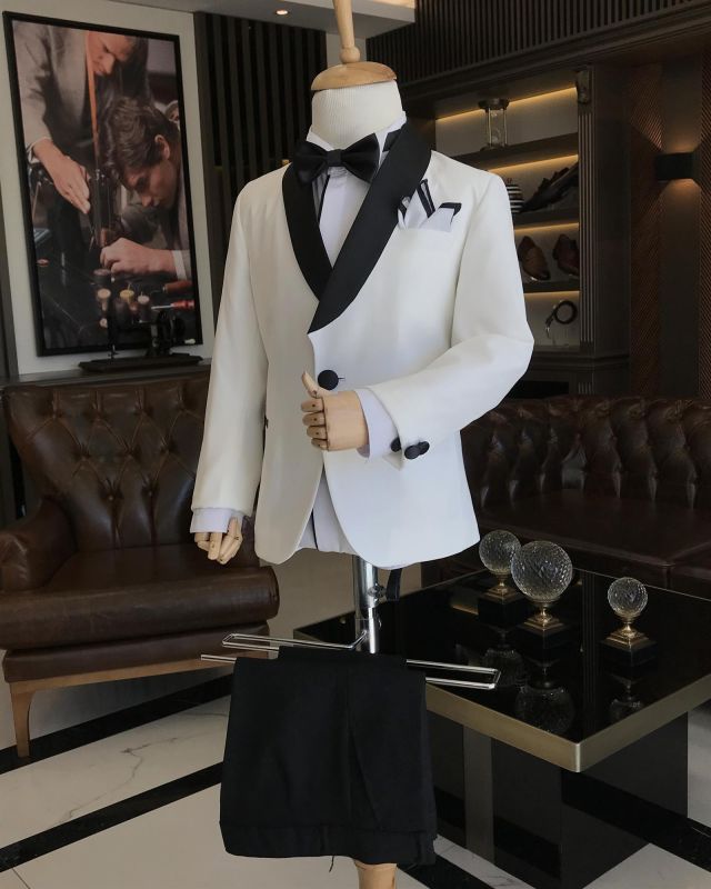 Ivory White Slim Green Fruit Collar Jacket Children's Two-piece Tuxedo Suit | Boys Suit