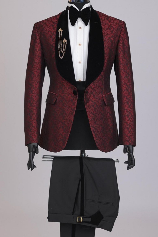 Burgundy Jacquard Shawl Lapel Wedding Suits For Men