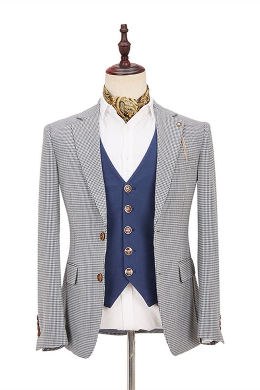 Fashion Black-and-White Plaid Slim Fit Three Piece Men Suit With Denim Blue Waistcoat