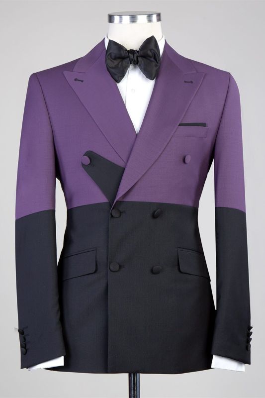 Modern Purple And Black Double Breasted Point Collar Men Ball Suit