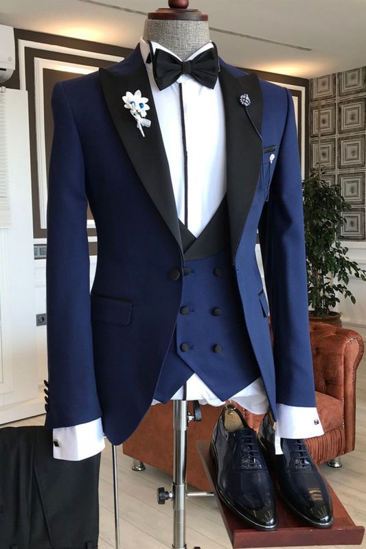 King Modern Royal Blue Three Piece Black Point Lapel Double Breasted Vest Men Suit