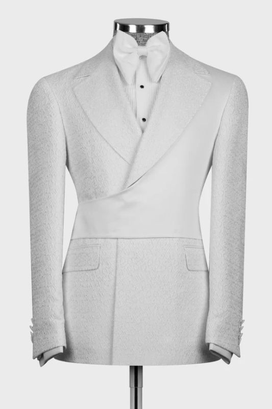 Brady Slim Fancy White Jacquard Notched Lapel Prom Suits With White Crossover Satin Panel