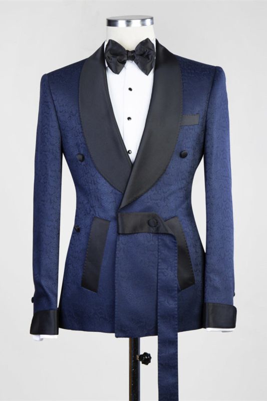 Cristopher Dark Blue Jacquard Shawl Lapel Wedding Men Suit