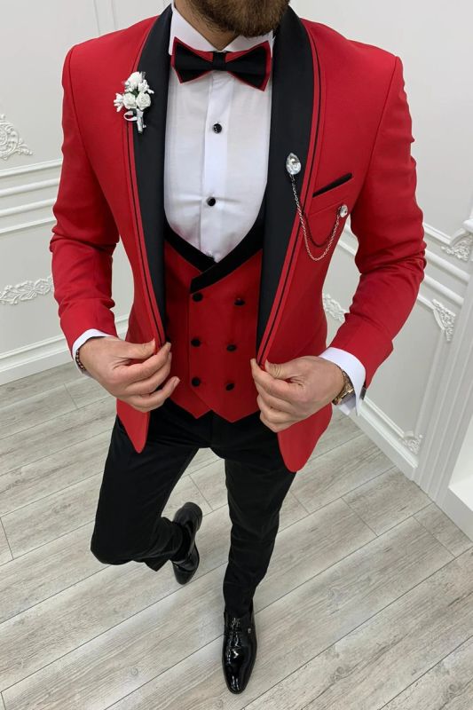 Italian Red Slim Fit Shawl Lapel Three Piece Tuxedo