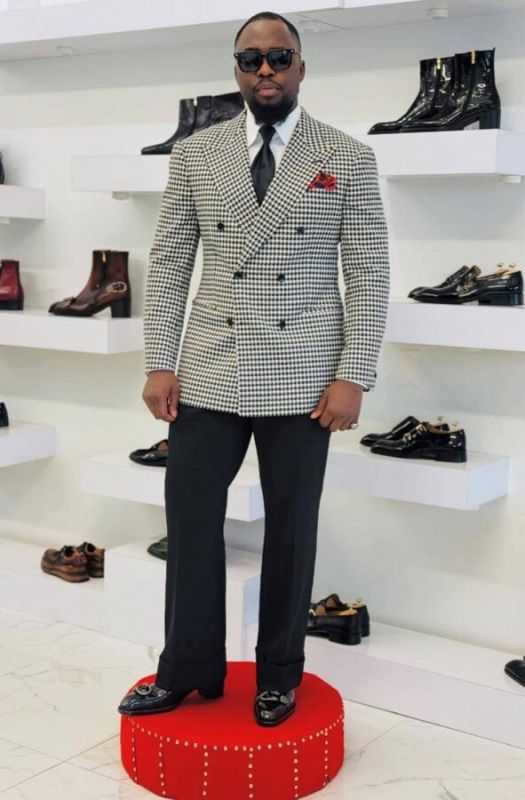 Men Black White Houndstooth Double Breasted Blazer Custom Slim Fit Formal Suit Jacket For Wedding Business Prom