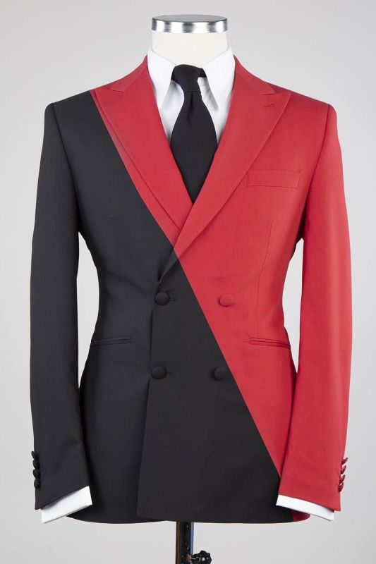 Gorgeous Red and Black Double Breasted Slim Tailored Men's Suit