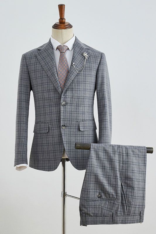 Bishop Fashion Grey Plaid Slim Fit Mens Suit