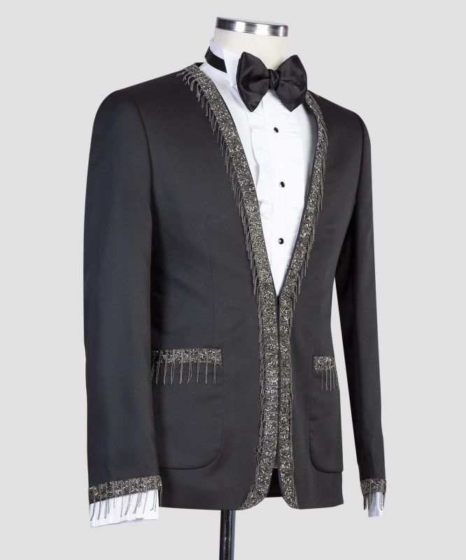 designs black tailored men suits with special shiny lapels | Bradymensuit