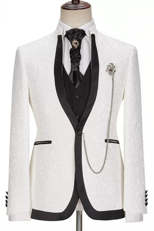 White Jacquard One Button Three-piece Slim Wedding Suit