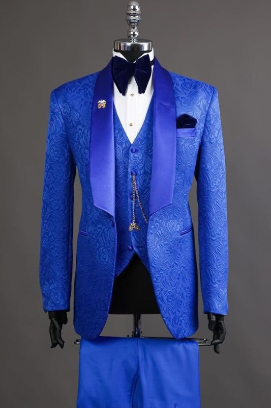 Royal Blue Shawl Lapel Three Pieces Jacquard Prom Suits