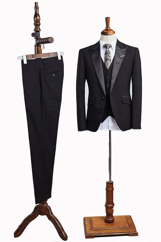 Calvin Traditional All Black 3 Piece Point Lapel Mens Business Suit