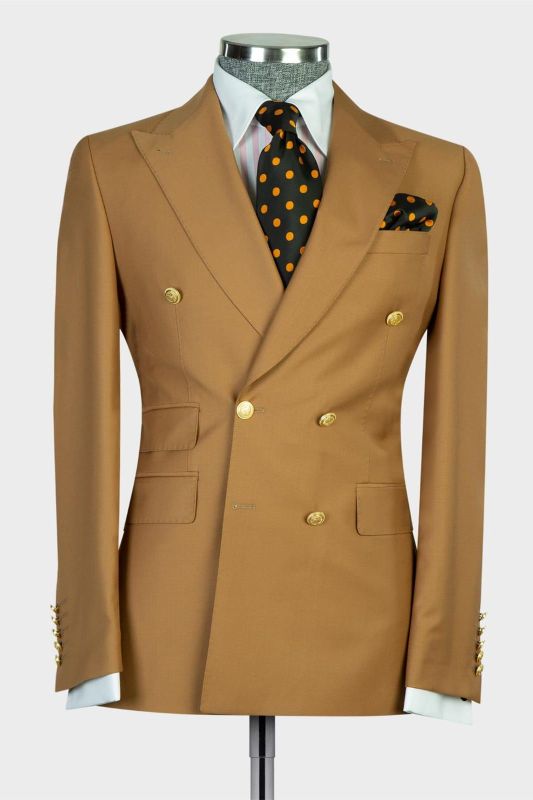 Light brown double-breasted pointed collar business men's suit