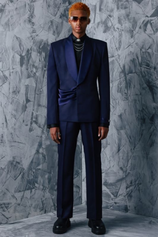 Brady Navy Two Piece Prom Suits With Velvet Shawl Lapel And Sash