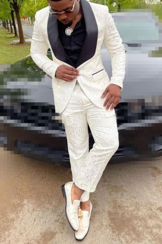 White Jacquard One Button Slim Fit Fashion Wedding Tudexo