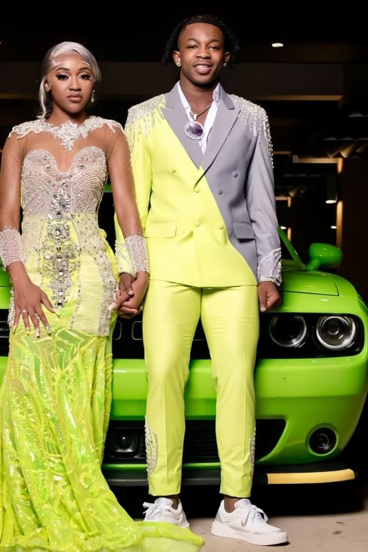 New Dick Light Green Double Breasted Two Pieces Prom Suits With Beading