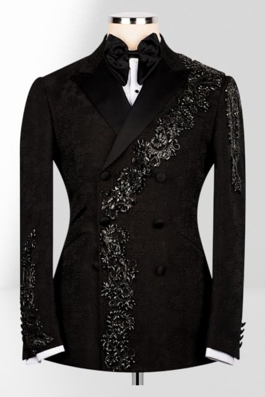 Men's Black Double-Breasted Tuxedo with Beaded Embroidery Prom Suit | Bradymensuit