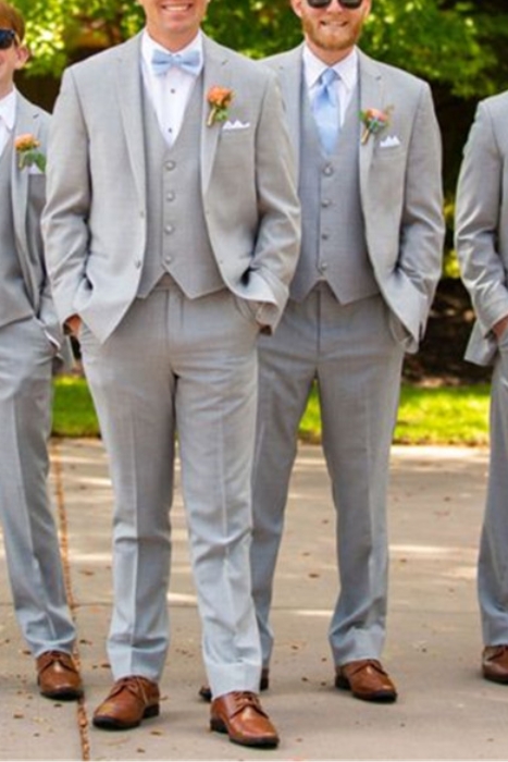 Light Grey Wedding Groomsmen Suit | Three-Piece Notched Lapel Mens Suit