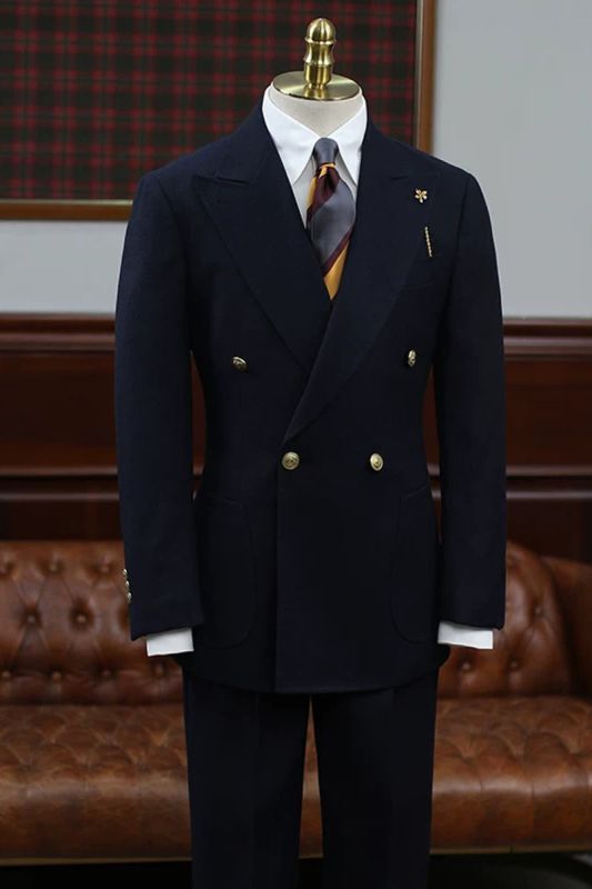 Men's Classic Navy Blue Double-Breasted Suit - Slim Fit 2-Piece Formal Set for Business & Wedding