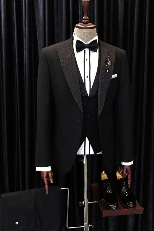 Barry Lastest Design Sleek Black Three Piece Point Lapel Wedding Suit
