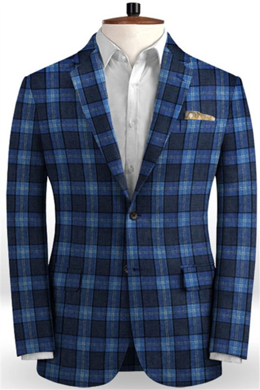 Custom Blue Plaid Linen Mens Suit | Two Piece Formal Business Tuxedo