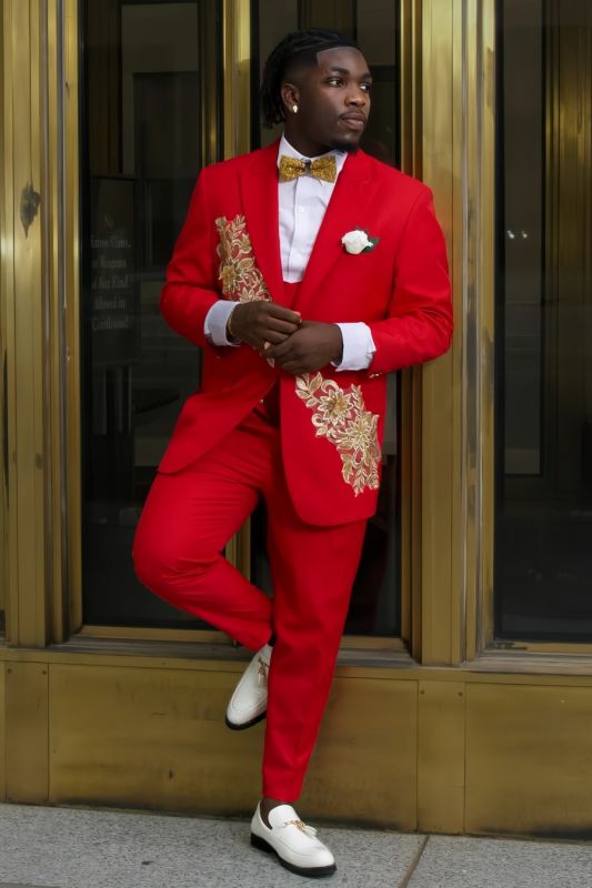 Hilary Red Peaked Lapel Beaded 3-Piece Prom Suit | Bradymensuit