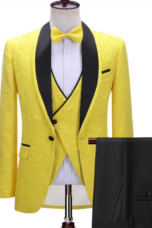 Alejandro Handsome Yellow One Button Three Piece Black Lapel Wedding Suit