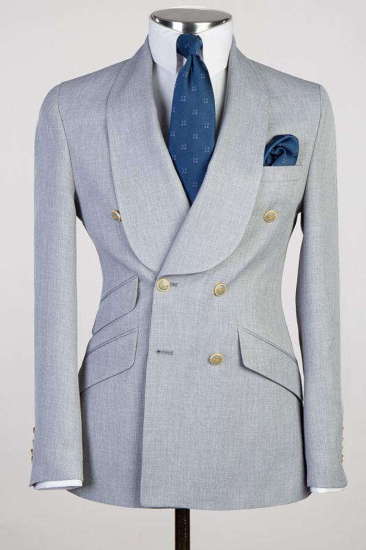 Elegant Grey Shawl Collar Double Breasted Slim Fit Men's Tuxedo | With Metal Buttons