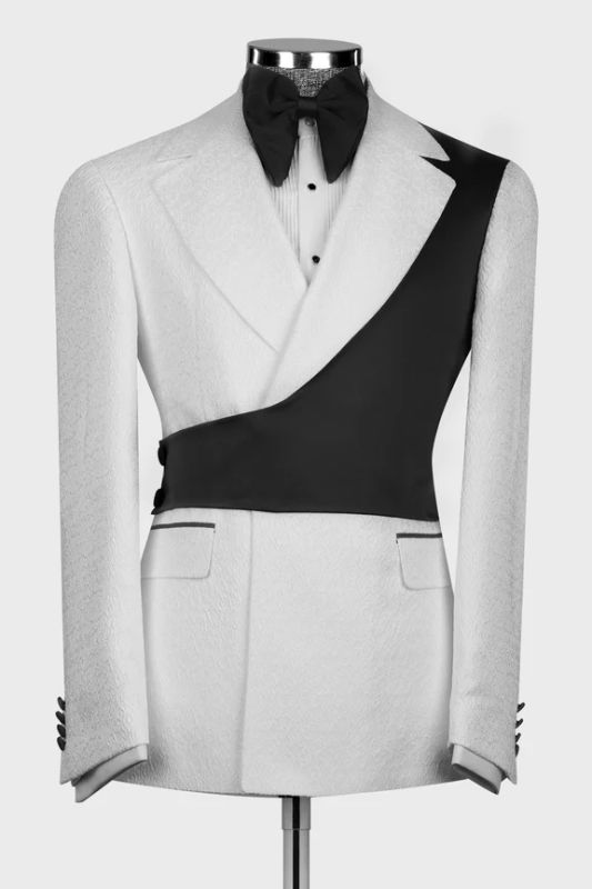 Slim Handsome White Notched Lapel Jacquard Two Pieces Prom Suits With Black Crossover Satin Panel