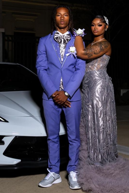 Julius Handsome Blue Notched Lapel One Button Prom Suit With Rhinestones | Bradymensuit