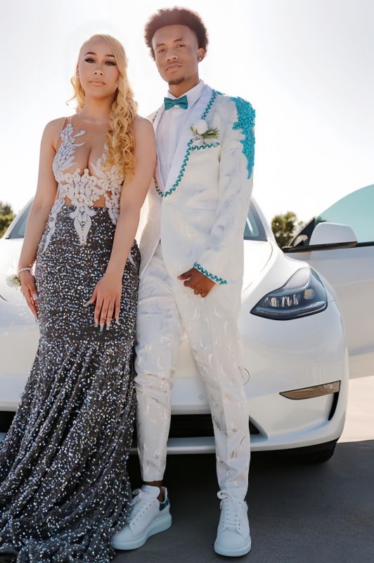 Ed Elegant White Jacquard Shawl Lapel Appliques Two Pieces Prom Suits