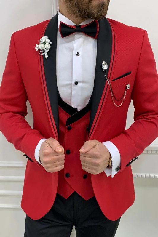 MANZINI ROME 3-Piece Slim-Fit Men's Stretch Spandex Tuxedo Black/Red main image 1