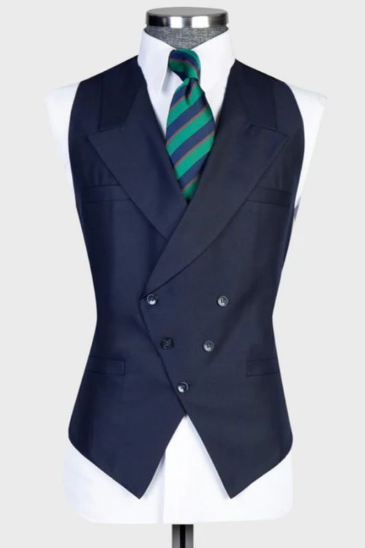 Stylish Dark Navy Peaked Lapel Double Breasted Vest