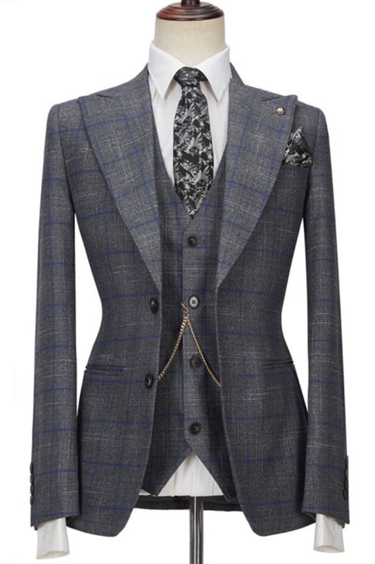 Brendon Grey Custom Notched Lapel Three-Piece Plaid Slim Fit Suit