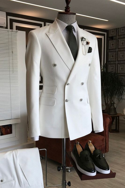 Les Stylish White Point Lapel Double Breasted Formal Business Mens Suit