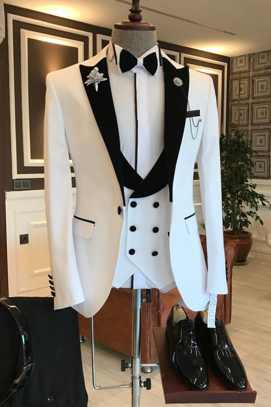 Ingram Handsome White Mixed Black Pointed Lapel One Button Slim Fit Prom Men Suit