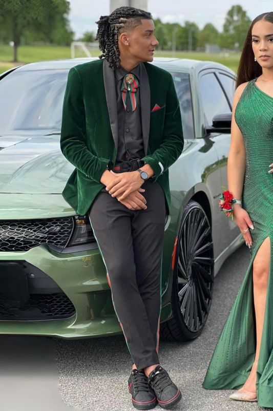 Hansen Chic Slim Dark Green Velvet Two Pieces Prom Suits With Satin Lapel