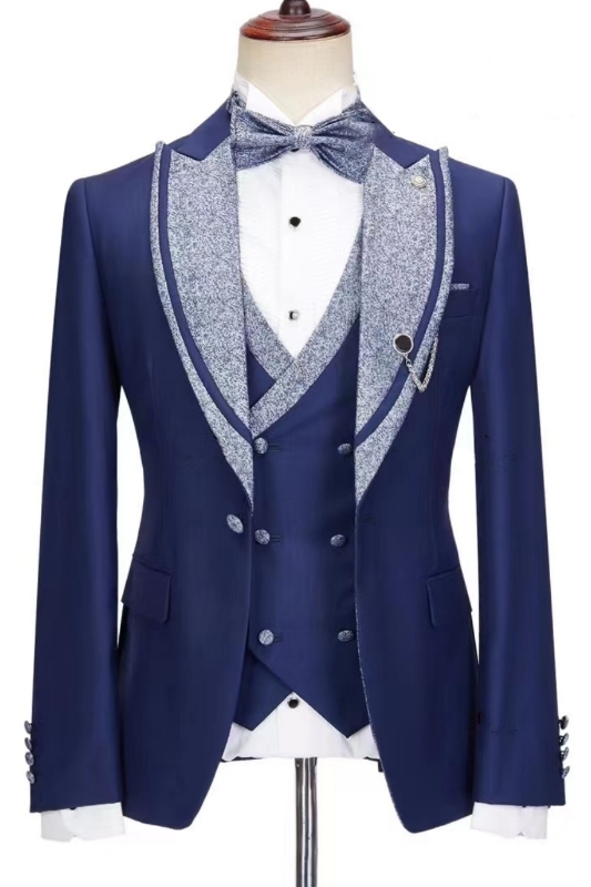 Fancy Modern Dark Blue Peak Lapel Three Piece Prom Suit