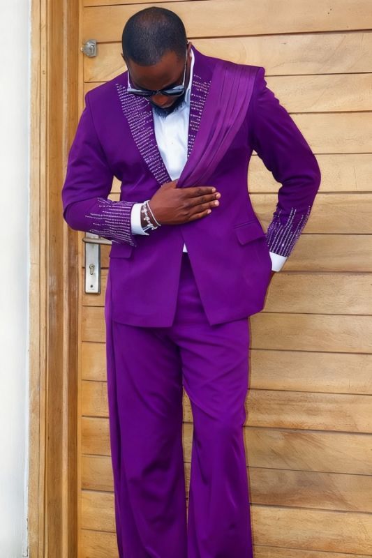Brady Fancy Purple Peaked Lapel Prom Suit with Long Sash & Crystals